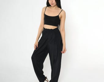 Vintage Schwarze Bundfaltenhose 80er High Waisted Slacks Office Preppy Minimal Professional Papiertasche 1980s Medium 10