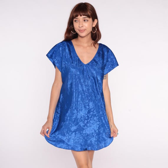 Blue Satin Nightgown 90s Floral Jacquard V Neck Short Sleeve Mini Slip Dress Lingerie Vintage Sleepwear Royal Chemise Intimates Small S