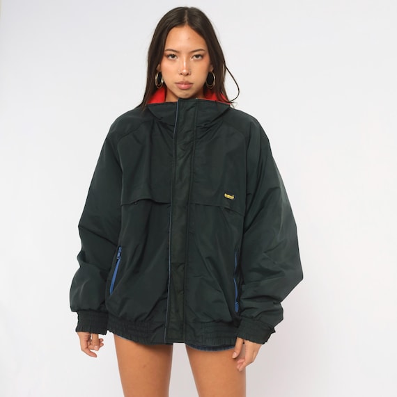 90s Osh Kosh Bomber Jacket Black Red Fleece Collar Windbreaker Coat Side Pockets Outdoor Gorpcore Utility Workwear Vintage Extra Large XL