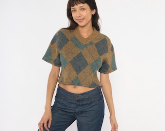 Argyle Crop Sweater 70s Brentwood Wool V Neck Knit Top Tan Blue Diamond Pattern Short Sleeve Pullover Cropped Vest Tee Vintage Small S