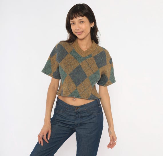 Argyle Crop Sweater 70s Brentwood Wool V Neck Knit Top Tan Blue Diamond Pattern Short Sleeve Pullover Cropped Vest Tee Vintage Small S