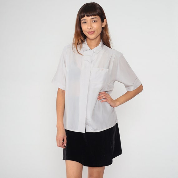 Pale Grey Blouse 80s Button Up Shirt Semi-Sheer Plain Short Sleeve Top Preppy Basic Collared Minimal Simple Solid Vintage 1980s Medium M
