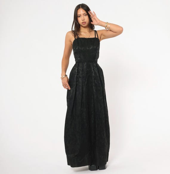 90s Black Jacquard Gown Double Strap Formal Dress Floral Brocade Pleated Skirt  Evening Prom Ball Floor Length Sleeveless Extra Small XS