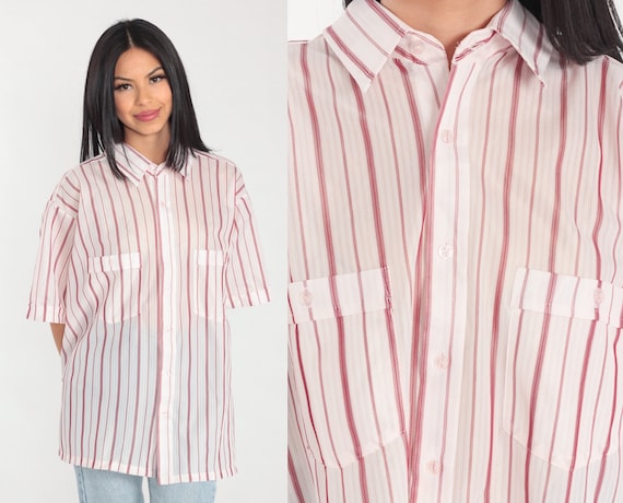 White Striped Shirt 80s Button Up Shirt Semi-Sheer Short Sleeve Retro Preppy Red Collared Button Down Top Vintage 1980s Men's Extra Large xl