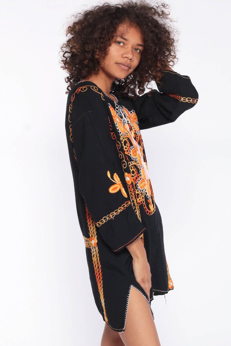 Floral Embroidered Blouse Floral Ethnic Black Hippie Shirt Tunic Top Boho Indian 1970s Bohemian Festival Long Sleeve Extra Small xs