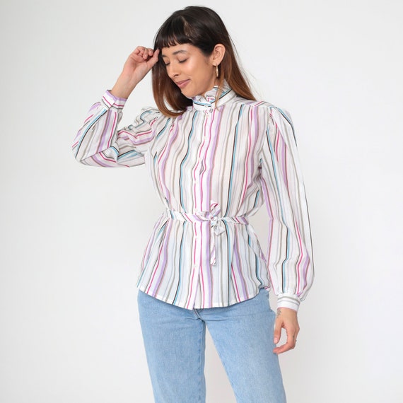 80s Striped Blouse Puff Sleeve Button Up Top Retro Ruffle Collar High Neck Secretary Shirt Seventies White Multi Vintage 1980s Large 12
