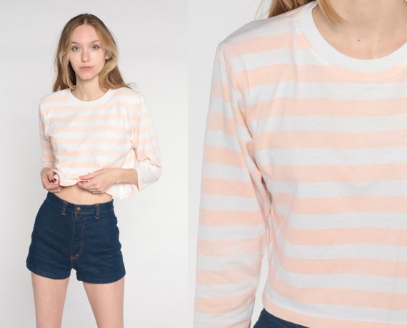 Striped Crop Top 80s Long Sleeve Shirt Retro Hipster White Peach Cropped Tee Basic Plain Normcore Streetwear Vintage 1980s You Babes Medium
