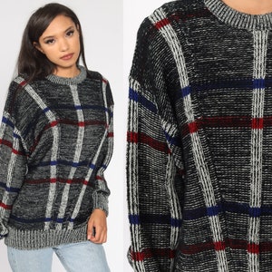 90s  Striped Sweater 80s Knit Sweater Slouch Grey Black 1980s Jumper Vintage Pullover 90s Retro Large