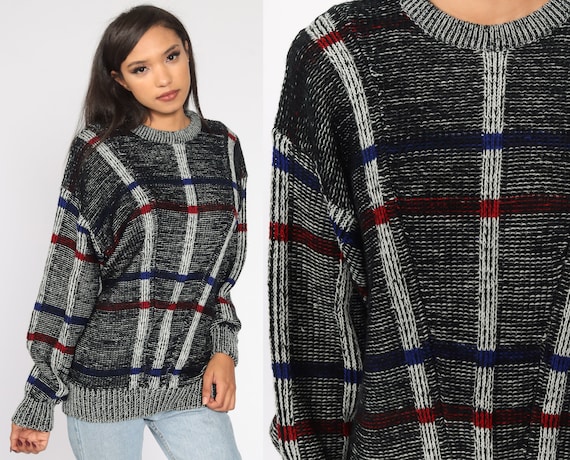 90s  Striped Sweater 80s Knit Sweater Slouch Grey Black 1980s Jumper Vintage Pullover 90s Retro Large