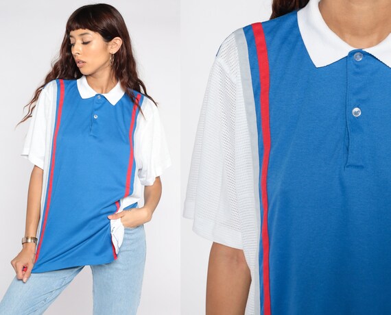 Blue Polo Shirt 80s Striped Shirt White 