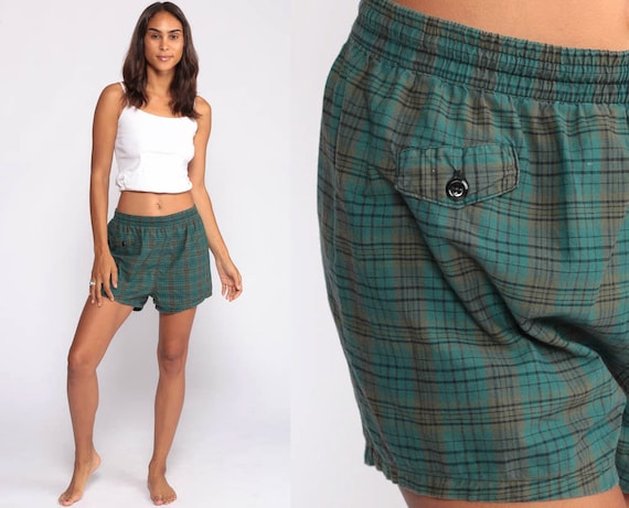 Plaid Swim Trunks Shorts Green 80s Bathing Suit Swim Trunks High Waisted Shorts Print Vintage Small