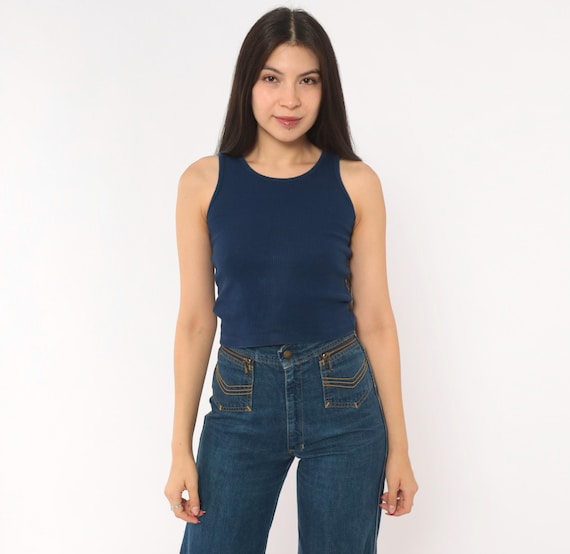 80s Navy Ribbed Tank Top Sleeveless Cotton Dark Blue Minimal Crop Shirt Simple Layering Tee Basic Summer Camisole Vintage Extra Small XS