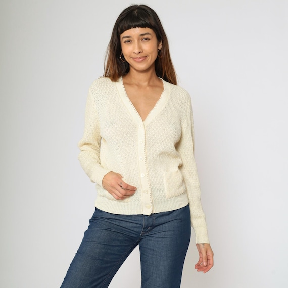 Vintage Cream Openwork Cardigan 80s Sheer Pointelle Knit Button up Sweater V Neck Open Weave Sweater Retro Preppy Slouchy 1980s Small Medium