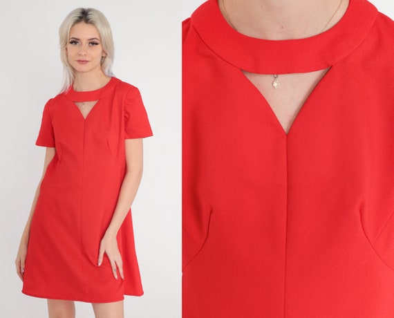 Red Cutout Dress 60s Mod Mini Dress Flared Shift … - image 1