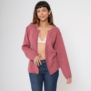 Pink Cardigan 70s Open Front Textured Knit Sweater Hippie Retro Bohemian Plain Acrylic Vintage 1970s Medium