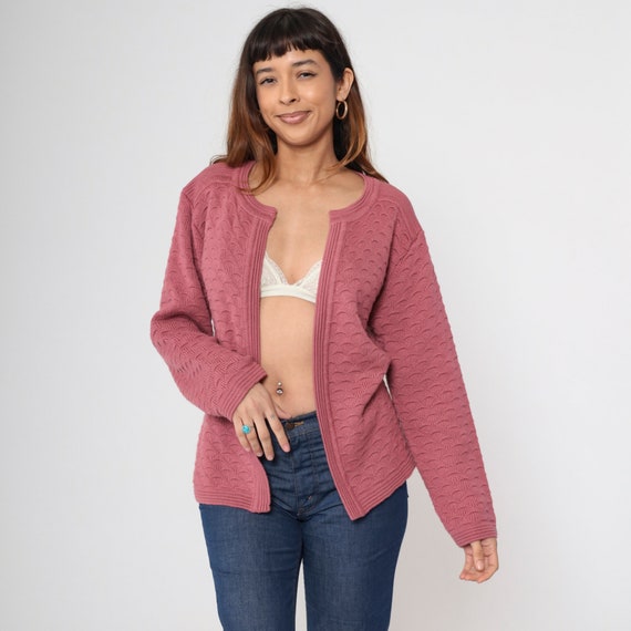 Pink Cardigan 70s Open Front Textured Knit Sweater Hippie Retro Bohemian Plain Acrylic Vintage 1970s Medium