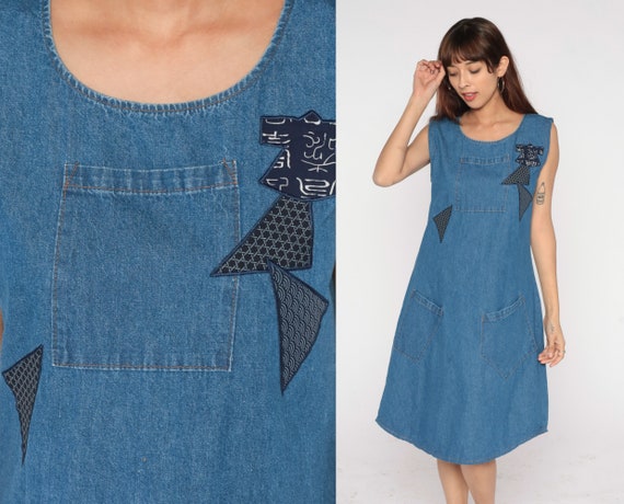 90s Denim Dress Blue Jean Midi Dress Knee Length Asian Style Calligraphy Patch Retro Sleeveless Day Casual Pocket Vintage 1990s Medium M