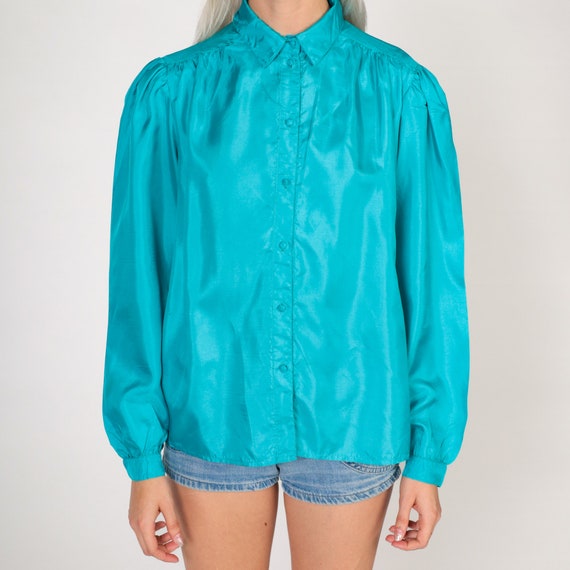 Turquoise Blue Blouse 80s Puff Sleeve Top Button … - image 6