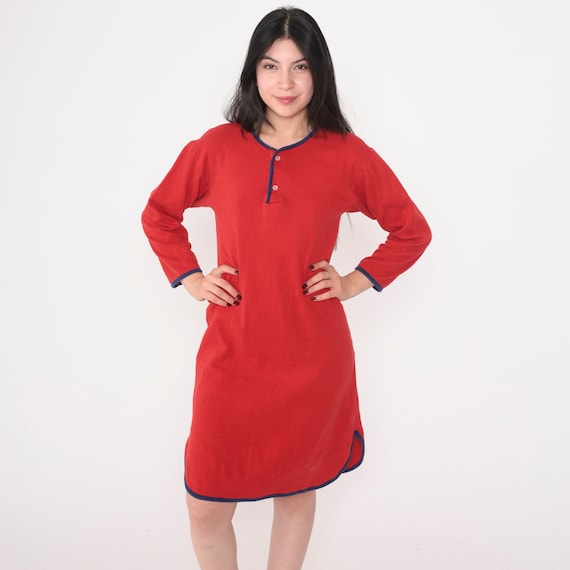 Duofold Pajama Dress 80s Red Nightie Mini Dress Nightgown Henley Sleep Shirt Long Sleeve PJs Minidress Button up Lounge Vintage 1980s Small