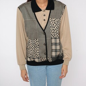 80s Patchwork Sweatshirt Attached Vest Checkered Sweatshirt Animal Print Button Up Tan Plaid Houndstooth Leopard Shirt Vintage Large L image 7