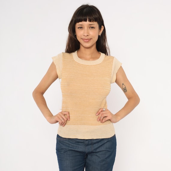 70s Tan Knit Top Cream Striped Cap Sleeve Sweater Camel Sand Fitted Pullover Beige Oatmeal Ribbed Sleeveless Vintage Layering Shirt Small S