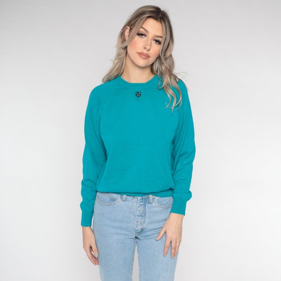 Teal Ladybug Sweater 90s Plain Cotton Knit Pullover Sweater Basic Simple Minimalist Knitwear Crewneck Raglan Sleeve Vintage 1990s Medium M