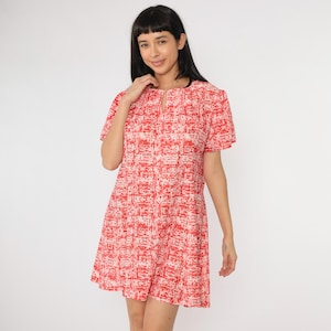 Vintage Abstract Print Dress 70s Red Mini Dress Puff Sleeve Day Dress A-Line Boho Mod Short Sleeve Bohemian Retro 1970s Extra Large xl