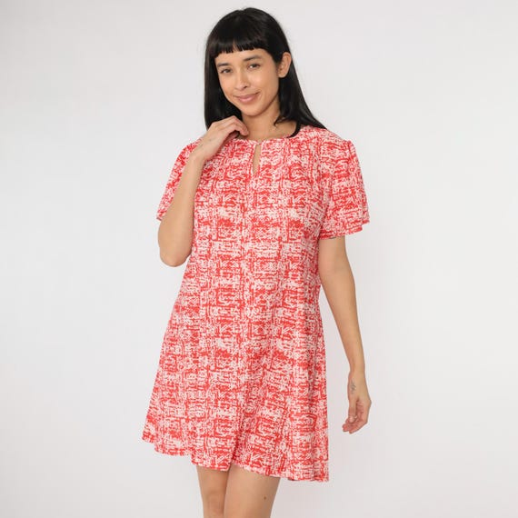 Vintage Abstract Print Dress 70s Red Mini Dress Puff Sleeve Day Dress A-Line Boho Mod Short Sleeve Bohemian Retro 1970s Extra Large xl