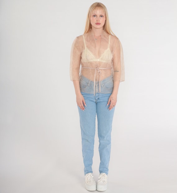 Sheer Jacket Y2K Organza Top See Through Tan Long Sleeve Tie Front Sexy Festival Shirt Bohemian Summer Blouse Party Vintage 00s Medium Large