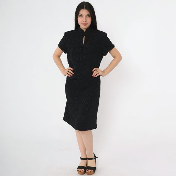 Vintage 90s Black Glitter Cheongsam Dress Sparkly Textured Short Sleeve  Keyhole Neck Midi Evening Gown 1990s Party Dress Large 12 - Etsy Israel