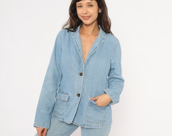 Denim Blazer 2000er Crazy Horse Light Wash Baumwolle Jeansjacke Revers mit zwei Knöpfen Vorne Aufgesetzte Tasche Chambray Blau Vintage Medium M