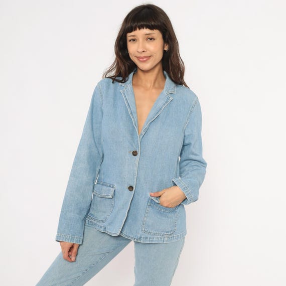 Denim Blazer 2000s Crazy Horse Light Wash Cotton Jean Jacket Notched Lapel Two Button Front Patch Pocket Chambray Blue Vintage Medium M