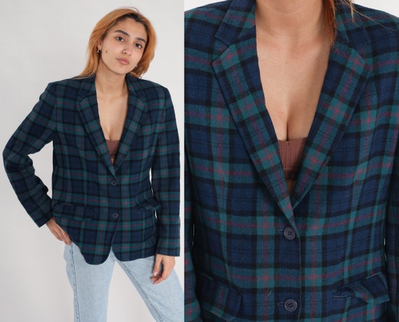 80s Pendleton Blazer Dark Blue Plaid WOOL Jacket Green Checkered Print 1980s Vintage Preppy Dark Academia V Neck Women Medium