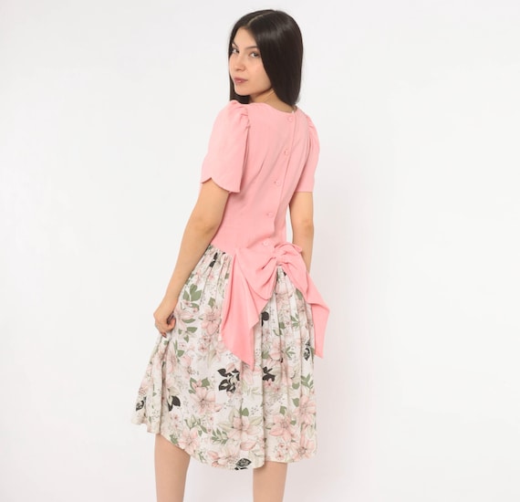80s Pink Bow Back Dress Puff Sleeve Floral Skirt Embroidered Applique Cotton Blush Drop Waist Coquette Prairie  Knee Length Feminine Small S