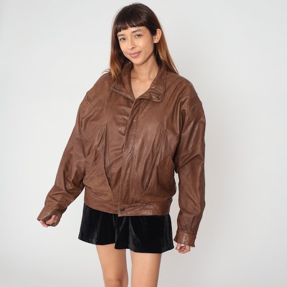 Brown Leather Bomber Jacket 90s Zip Up Biker Jackett Moto Coat Motorcycle Cafe Racer Sleek Basic Plain Rocker Vintage 1990s Mens Large L