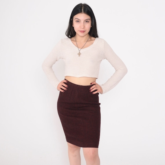Wool Pencil Skirt 90s Calvin Klein Red Black Mini Skirt High Waisted Preppy Wiggle Chic Retro Secretary Vintage 1990s Extra Small xs 26