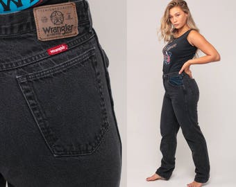 Wrangler Jeans nero mamma alta vita gamba affusolata 80s Pantalone Jeans Denim blu Slim Skinny 1980s Hipster Vintage grande 32 12