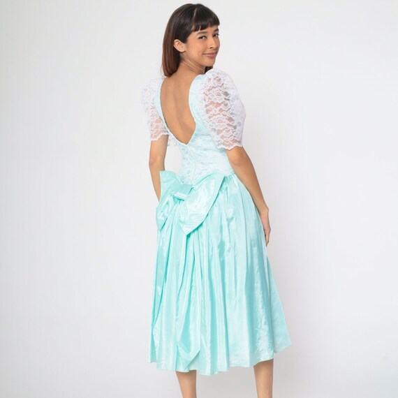 80s Party Dress Aqua Blue Taffeta Lace Dress Puff… - image 3