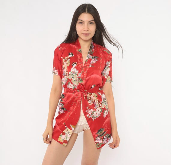 Red Geisha Print Kimono Robe 90s Satin Tie Front Japanese Floral Wrap Mini Duster Coverup Cherry Blossom Loungewear Extra Extra Small XXS