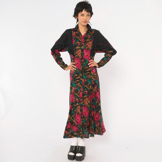 90s Black Floral Maxi Dress Panhandle Slim Pink Rose Print Button Front Long Sleeve Collared Western Prairie Dark Cottagecore Vintage Small