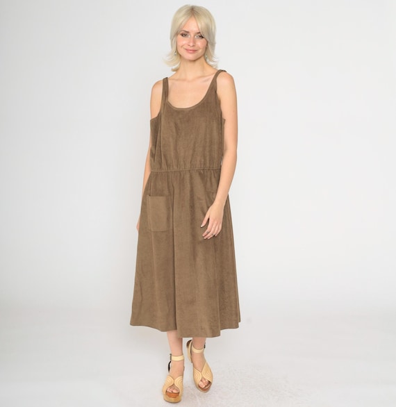 80s Faux Suede Dress Brown Midi Dress Retro Sleeveless Scoop Neck Boho Hippie Ultrasuede Sundress High Waisted Vintage 1980s Medium Large
