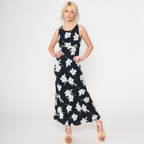 Vintage Black Floral Dress Maxi Dress 90s Empire Waist Flower Print Botanical Dress Scoop Neck Bohemian Sun Sleeveless Full Length Small s