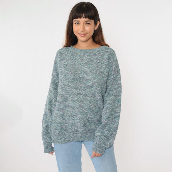 Vintage Marled Knit Sweater 80s Green Purple Crewneck Pullover Flecked Sweater Retro Plain Minimalist Knitwear Retro 1980s Extra Large xl