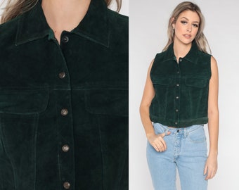 Green Suede Vest 90s Leather Button up Vest Top Boho Dark Forest Green Western Festival Snap Up Sleeveless Bohemian Vintage 1990s Small S