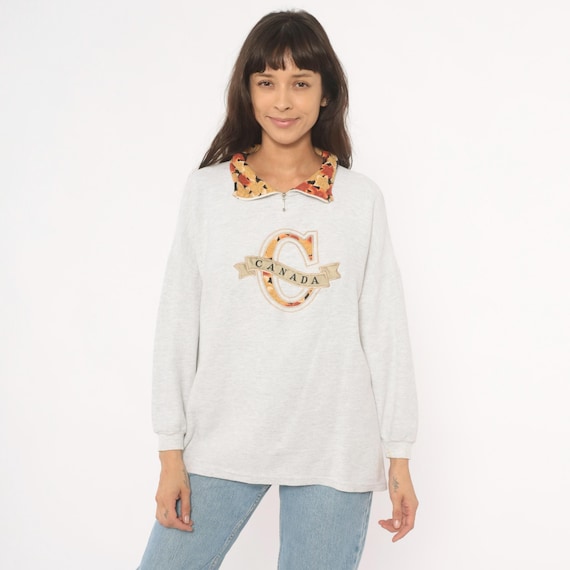Canada Maple Leaf Sweatshirt 90s Quarter Zip Pullover Embroidered Fall Autumn Souvenir Tourist Cream Off White Relaxed Fit Vintage Large L