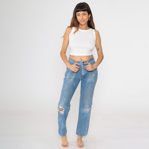 Vintage Ripped Jeans mit geradem Bein y2k Rustler Faded Relaxed Denim Hose 00er Jahre High Rise Workwear Boyfriend Wallet Wear Small xs