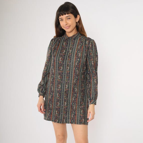 80s Paisley Mini Dress Striped Day Dress Long Puff Sleeve Button up Shift Hippie Boho Groovy Shirtdress Minidress Vintage 1980s Medium Large