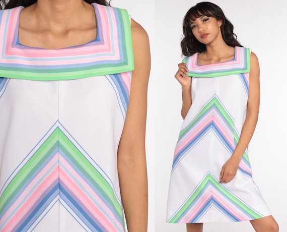 70s Chevron Dress Rainbow Striped Sundress Boho Shift Mod Mini Dress Bohemian Retro 1970s Sleeveless Shift Festival Vintage Large