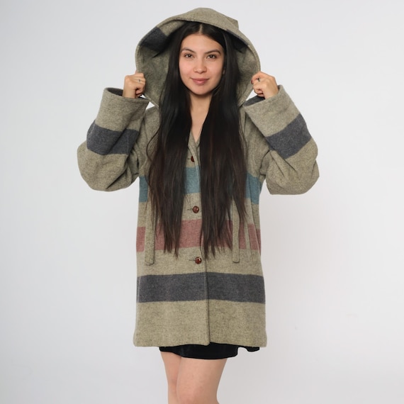 70s Woolrich Woman Hooded Wool Coat Striped Blanket Jacket Button Front Made in USA Boho Western Winter Outerwear Taupe Multicolor Large L