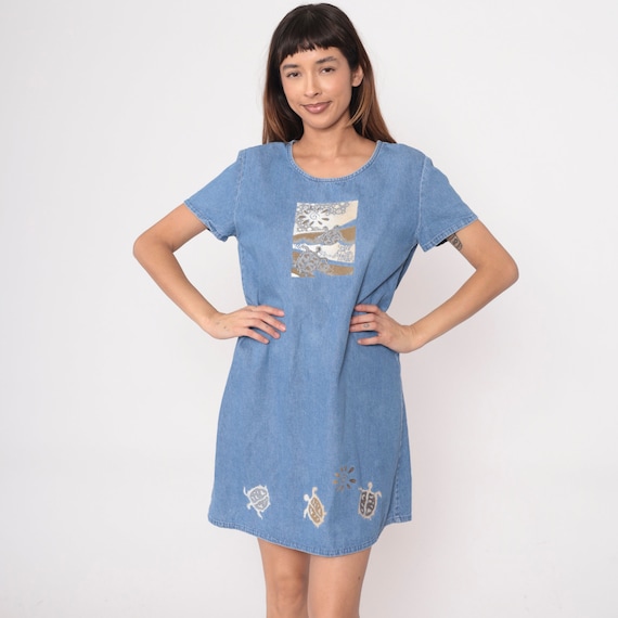 90s Denim Dress Sea Turtle Mini Dress Tropical Beach Jean Shift 1990s Blue Summer Vintage Minidress Short Sleeve Cotton Medium